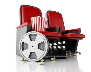 Naklejka premium 3d Film reel, popcorn and Cinema clapper board on theater seat.