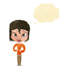 cartoon satisfied woman with thought bubble