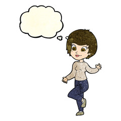 cartoon woman waving with thought bubble