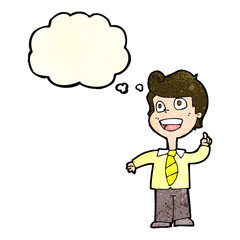 cartoon school boy raising hand with thought bubble