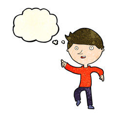 cartoon happy pointing with thought bubble