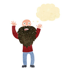 cartoon frightened old man with beard with thought bubble