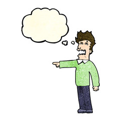 cartoon man accusing with thought bubble