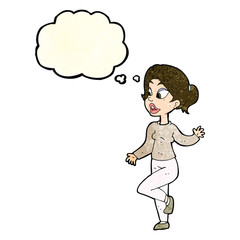 cartoon friendly woman waving with thought bubble