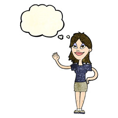 cartoon woman waving with thought bubble