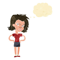 cartoon woman with hands on hips with thought bubble