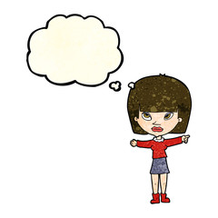 cartoon woman pointing with thought bubble