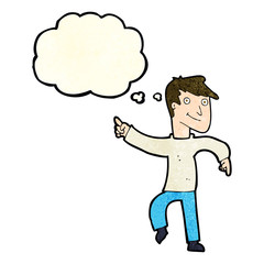 cartoon happy man pointing with thought bubble