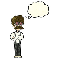 cartoon hipster man with mustache and spectacles with thought bu
