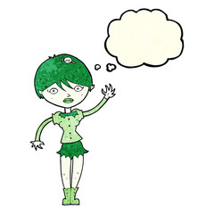 cartoon vampire girl waving with thought bubble