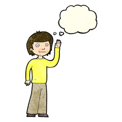 cartoon friendly boy waving with thought bubble