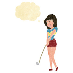 cartoon woman playing golf with thought bubble