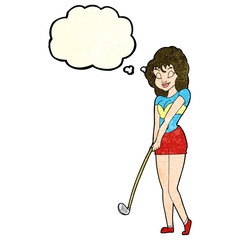 cartoon woman playing golf with thought bubble