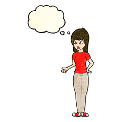 cartoon woman explaining with thought bubble