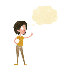 cartoon woman waving with thought bubble