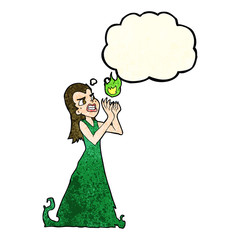 cartoon witch woman casting spell with thought bubble