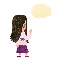 cartoon girl with pony shirt waving with thought bubble