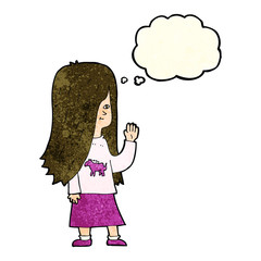 cartoon girl with pony shirt waving with thought bubble