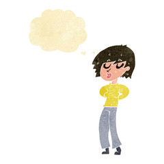 cartoon woman whistling with thought bubble