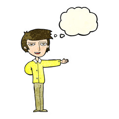 cartoon man gesturing welcome with thought bubble