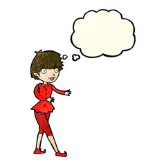 cartoon christmas elf woman with thought bubble
