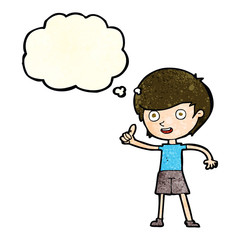 cartoon boy giving thumbs up symbol with thought bubble
