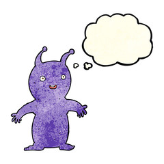 cartoon happy little alien with thought bubble