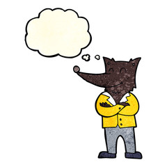 cartoon wolf in shirt with thought bubble