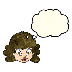 cartoon happy female face with thought bubble