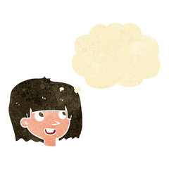cartoon happy female face with thought bubble
