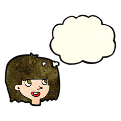 cartoon happy female face with thought bubble