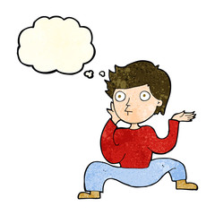 cartoon boy doing crazy dance with thought bubble