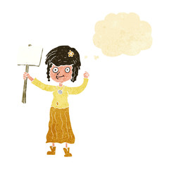 cartoon hippie girl with protest sign with thought bubble