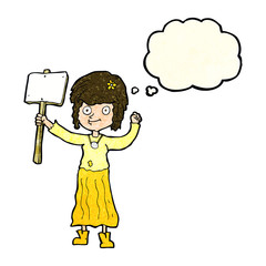 cartoon hippie girl with protest sign with thought bubble