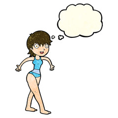 cartoon happy woman in swimming costume with thought bubble