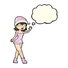 cartoon pretty girl in hat waving with thought bubble