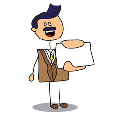 Hand drawn vector doodle businessman showing blank card, isolated on white background.
