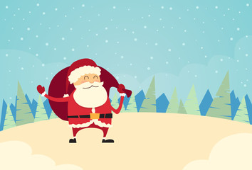 Santa Claus Hold Sack Winter Snow Forest Christmas Holiday