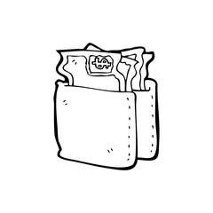 line drawing cartoon  wallet full of cash