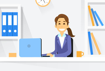 Business Woman Sitting at Desk in Office Working Laptop Computer