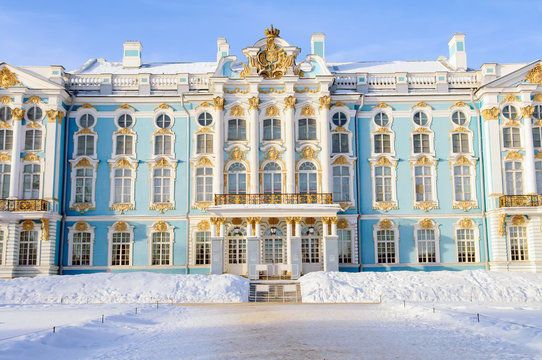 Catherine the Great Palace, Saint Petersburg, Tsarskoe Selo, tourism and travel, destination for tourists, historic building, town of Pushkin,   XVIII-XIX centuries, Hermitage winter.