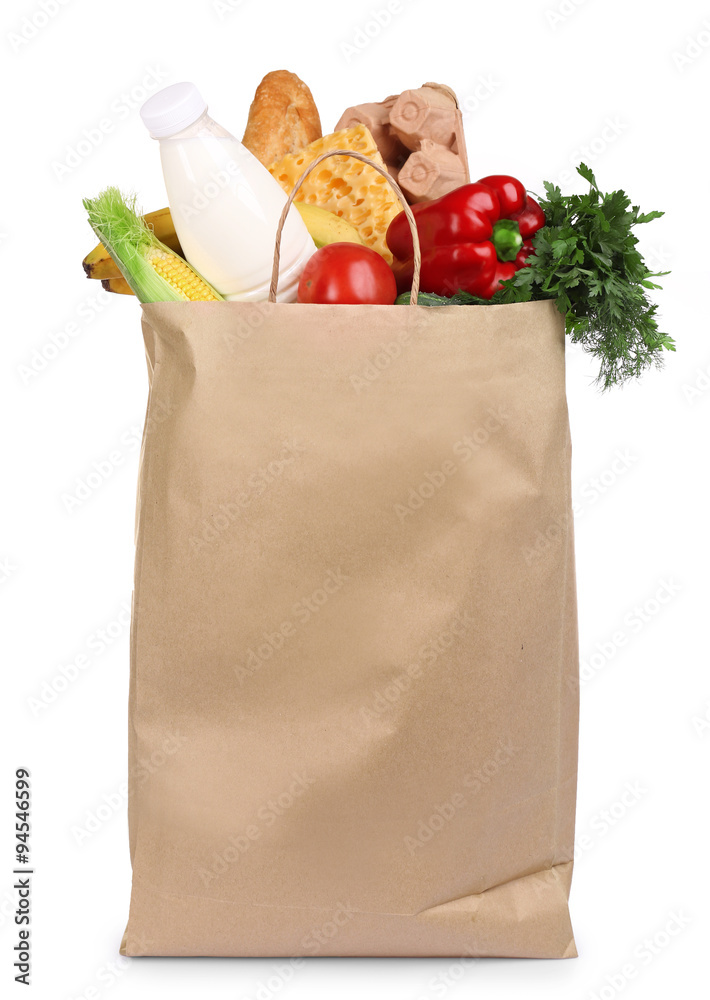 Wall mural paper bag with products isolated on white