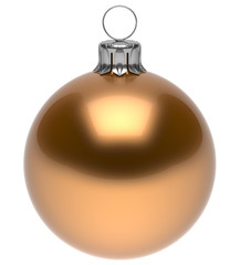 Christmas ball golden New Year's Eve bauble wintertime decoration glossy sphere hanging adornment classic. Traditional winter ornament happy holidays Merry Xmas symbol blank round. 3d render isolated