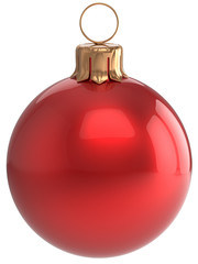 Christmas ball New Year's Eve bauble red wintertime decoration sphere hanging adornment classic. Traditional winter holidays home ornament Merry Xmas event symbol shiny blank. 3d render isolated