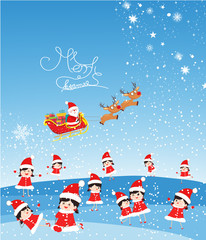 Fototapeta na wymiar merry christmas with funny kids and Santa Claus flying