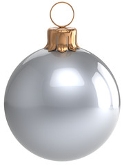 Christmas ball New Year's Eve bauble white wintertime decoration silver chrome sphere hanging adornment classic. Traditional winter holidays home ornament Merry Xmas symbol blank. 3d render isolated