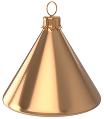 Christmas ball cone geometric New Year's Eve unusual bauble golden decoration hanging adornment. Traditional wintertime holidays home ornament Merry Xmas event symbol shiny blank. 3d render isolated