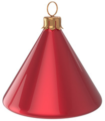 Christmas ball cone geometric New Year's Eve unusual bauble red decoration hanging adornment. Traditional wintertime holidays home ornament Merry Xmas event symbol shiny blank. 3d render isolated