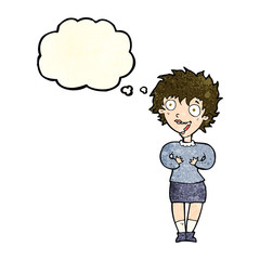 cartoon excited woman with thought bubble