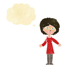 cartoon woman wearing glasses with thought bubble